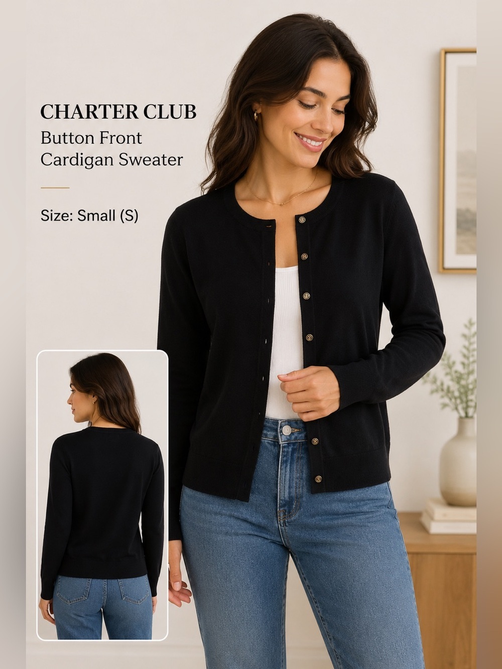 Charter Club Black Button Front classic style Cardigan Sweater Size Small